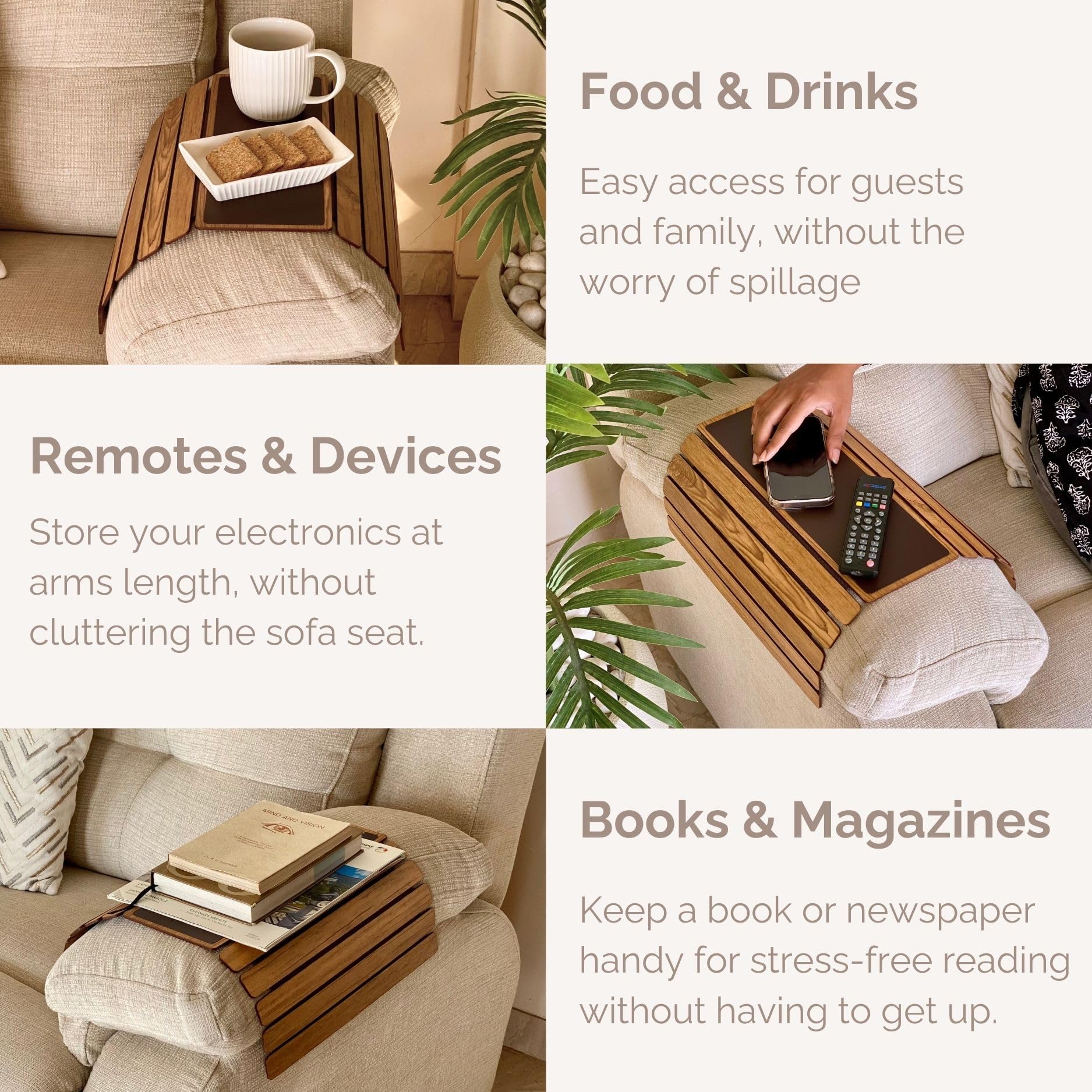 Mason Home Sofa Armrest Tray - Light Brown Full Grain Bamboo Wood With Anti Slip Pad | Dining Tray | Home & Office Dcor | Furnit